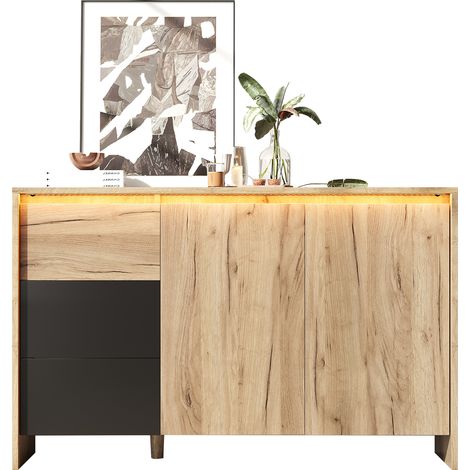 Buffet avec 3 tiroirs et 2 portes – Commode de rangement avec éclairage LED multicolore pour salon, salle à manger et entrée, coloris bois et noir, 120 x 76 x 40 cm