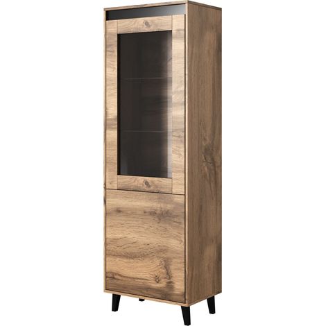 Bim Furniture – Vitrine NORD chêne wotan – Hauteur 182,5 cm – Largeur 60 cm – Profondeur 38 cm – Corps mélaminé mat – Pieds plastique anthracite (1/4)