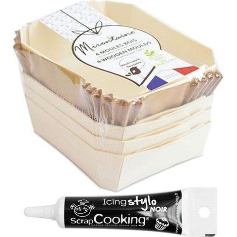 4 moules individuels en bois rectangle + 8 caissettes sulfurisées de cuisson + Stylo de glaçage noir