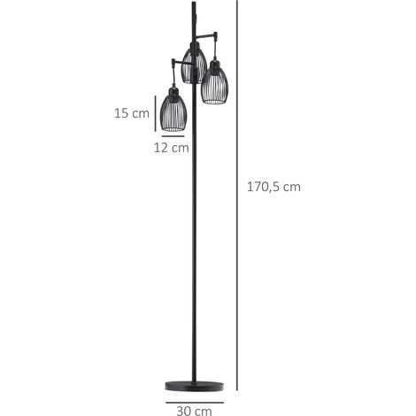 Lampadaire style industriel 40 W max. 3 abat-jours en métal filaire luminosité réglable - ampoule E27 - noir (1/5)