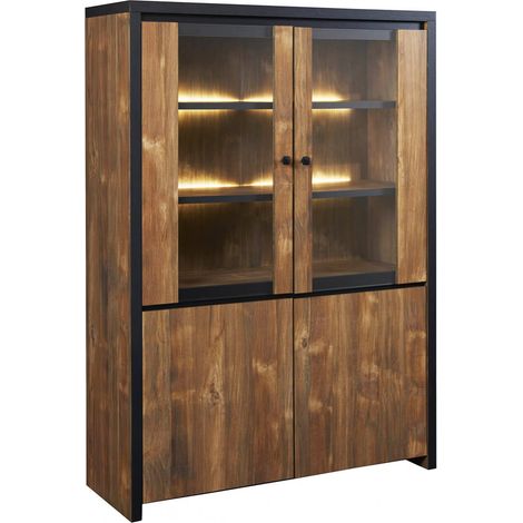 STALONE - Argentier 4 Portes Effet Bois Manguier Foncé et Noir (1/5)