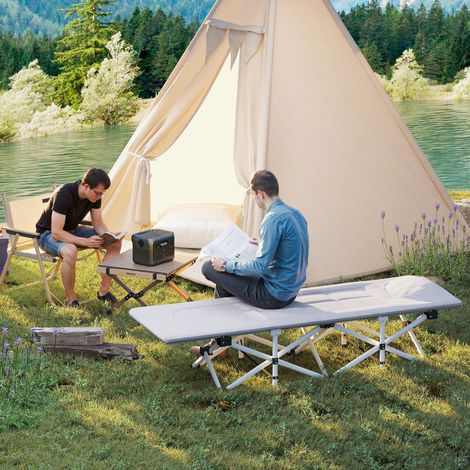 Lit de camping pliable avec transat matelas chaise longue sac de rangement intégrée dim. 185L x 65l x 37H cm gris