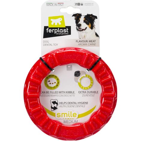 Jouet Chien, Anneau Distributeur Croquettes Friandises pour Chien, en Matériau Durable à Mâcher, Arôme de Viande, pour l'Hygiène Dentaire, Anneau Fitness, Jouets Chiens Moyens, Rouge (1/5)