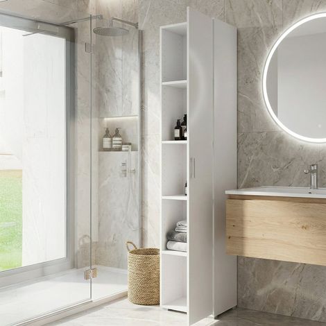 Dmora Armario multiusos Aquilegia, Mueble lineal con 1 puerta batiente y 4 baldas regulables, Mueble columna para baño, 100% Made in Italy, Cm 45x45h195, Blanco, con embalaje reforzado (1/5)