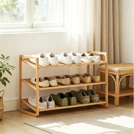 Étagère à chaussures 3 niveaux en bambou, 76 x 33 x 50,8 cm, naturelle, jusqu’à 12 paires, OKWISH (1/5)
