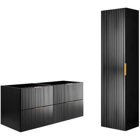 Rodan Badmöbel Set Schwarz Matt, Waschbeckenunterschrank 46 x 120 x 57 cm und Hochschrank 35 x 136 x 27 cm, Soft-Close