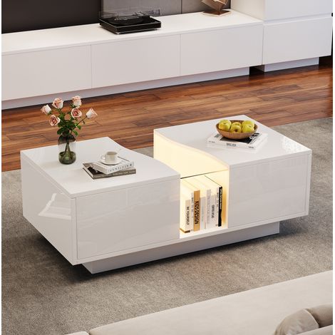 Mesa de centro LED 100 x 50 x 35 cm con 2 cajones, MDF y acrílico, blanco brillo HAVRYA (1/5)