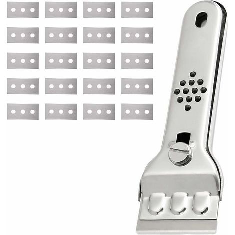Grattoir Plaque Vitrocéramique en Acier Inoxydable Grattoir Vitre Plaque Induction Racloir Vitrocéramique Peinture Scraper Raclette Plaque Vitrocéramique avec 20 Lames, pour Vitres/Miroir