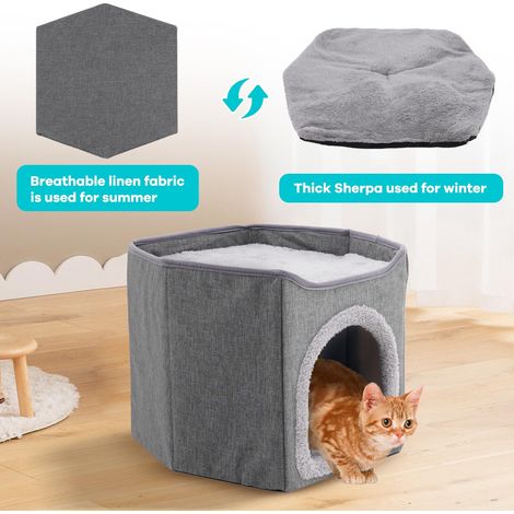 Maison pour chat pliable avec griffoir en sisal, abri douillet en tissu Oxford avec coussin réversible été-hiver (1/5)