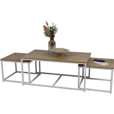 Set di 3 tavolini quadrati impilabili collezione PUEBLO – Stile industriale colore quercia e bianco (1/2)