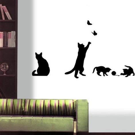 Stickers Muraux - Chat Jouant - Noir - Décoration Chambre Enfant - 58x20CM (1/4)