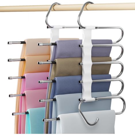 Cintre Pantalon Porte-Pantalons Gain de Place pour Adultes 5 en 1 Lot de 2 Blanc Cintres Pliables Plastique et Antidérapants cintres pour Jeans Écharpes Serviettes (1/5)
