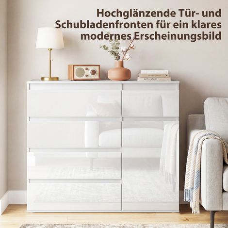 Buffet design blanc laqué brillant, meuble de rangement avec 5 tiroirs, étagère ajustable, porte à fermeture silencieuse