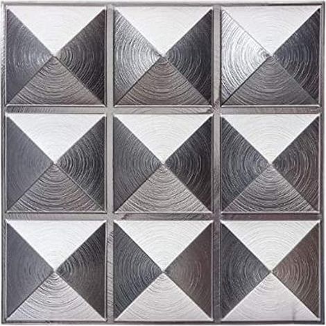 Atmosphera – Sticker décoratif effet relief 30x30cm – Lot de 6 plaquettes – PVC argent – Compatible surfaces murales – Installation facile