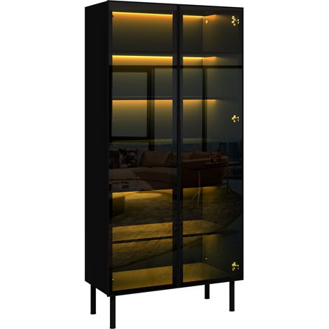 Vitrina con puertas de cristal, LED controlable por app, 2 cajones, negro (1/5)