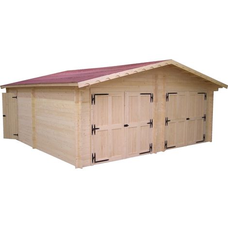 HABRITA Garage bois massif double 38,44 m² madriers 60 mm - toit double pente ONDUCHAPE VV - portes bois