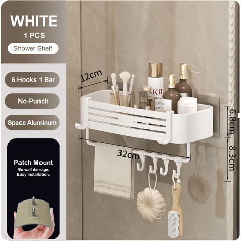 (blanc-S-1) Étagère murale rectangulaire pour salle de bain, porte-serviettes, porte-shampoing mural, sans perçage (1/5)