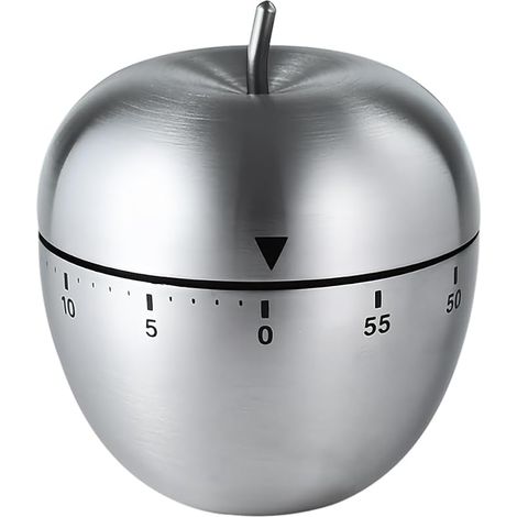 Temporizador de cocina, temporizador de cocina de acero inoxidable, 6 x 7,5 x 7,5 cm, plateado, con forma de manzana, temporizador de cocina mecánico, temporizador de cocina con cronómetro, reloj desp (1/4)