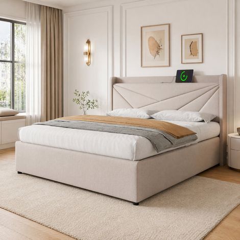 Lit coffre 160x200 avec USB, coton-lin beige HAVRYA (1/5)