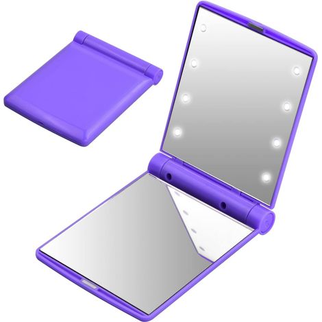 Miroir de poche LED violet pliable - miroir de voyage compact, miroir de maquillage portable avec 8 lumières LED, miroir à main pour sac à main, miroir rétractable pour femme, cadeau idéal (1/5)