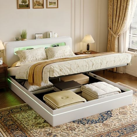 Letto contenitore 140x200 cm - Letto 140x200, 2 posti, letto matrimoniale con testiera contenitore, striscia LED integrata, rete a doghe, velluto - Beige (1/5)