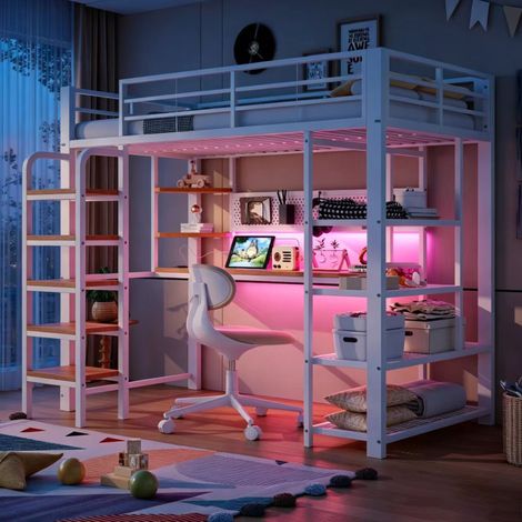Lit mezzanine en métal 90x200 cm blanc avec bureau, panneau perforé, prise européenne, LED multicolore, étagères, petite tablette et échelle verticale (1/5)