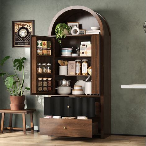 Buffet armadio ad arco 80x40x180 cm, MDF, effetto noce, ripiani, 2 cassetti, nero e naturale (1/5)