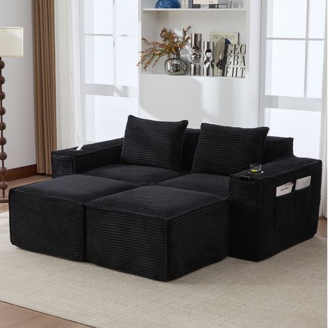 Modulares Sofa 188 x 162 x 75 cm aus schwarzem Plüschstoff mit 2 Hockern – MEUBLIV (1/5)