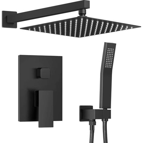 Duschsäulen mit Thermostat, Duschamarturen Verstecktes Schwarz, Duschset mit Dual Funktionen, Uberkopfbrauseset Rostfrei Steel Materialien, Duschamaturenset mit 25x25cm Regenduschkopf und Handbrause (1/5)