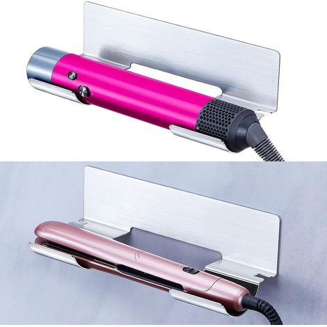 Soporte de pared autoadhesivo plateado 2 en 1 para secador de pelo y plancha/rizador, para baño. (1/5)