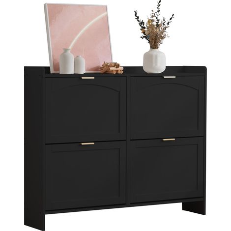 CHICFURN Meuble à chaussures à abattants noir, compact et élégant, avec rangement ouvert, étagères réglables et poignées métal pour entrée, couloir, petit espace (1/5)