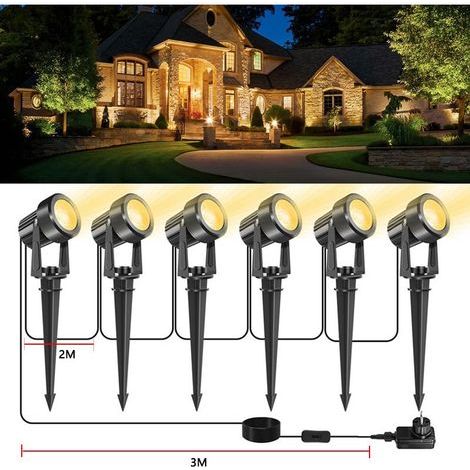 Spot Led Extérieur, Éclairage de Jardin Blanc Chaud 3000K, Spot Exterieur Étanche IP67, Lampe de Jardin Avec Adaptateur 3 m 27 V, Spot Exterieur Led Pour Jardin, Cour, Arbres (Paquet de 6) (1/3)