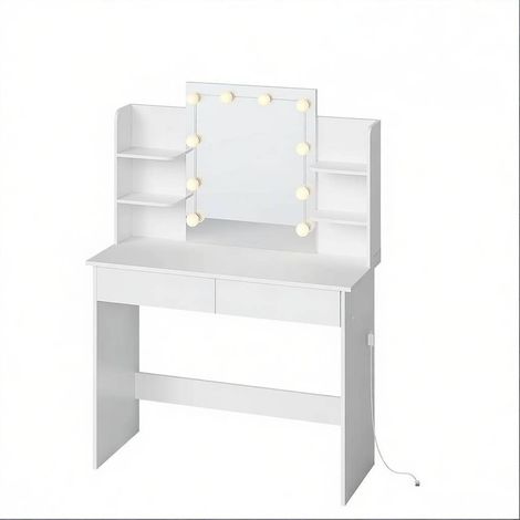 Toeletta bianca con specchio LED, 2 cassetti e 4 ripiani aperti HOMVRA (1/5)
