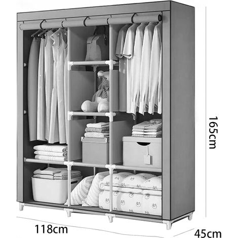 Armario de tela para dormitorio, armario plegable con 2 barras para colgar ropa y 8 compartimentos, armario de gran capacidad para dormitorio o vestidor, color gris. (1/4)