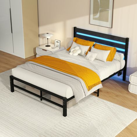 Cama plataforma 140x200 cm metal/MDF negro, LED USB, ahorro de espacio, sin colchón – MEUBLIV (1/5)