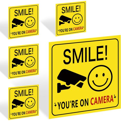 5 panneaux « Smile You Are On Camera », autocollants en vinyle pour extérieur, réfléchissants, pour avertir/notifier les visiteurs ou les clients (100 mm x 100 mm) (1/5)