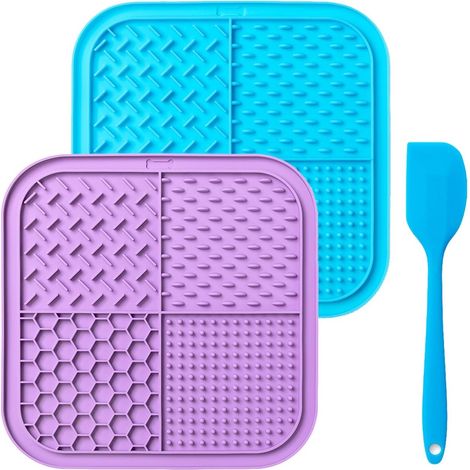 Almohadillas para lamer para gatos y perros, juego de 3 piezas con ventosa, cuchara de silicona, alimentación lenta, anti-deglución, sin BPA, azul/morado.