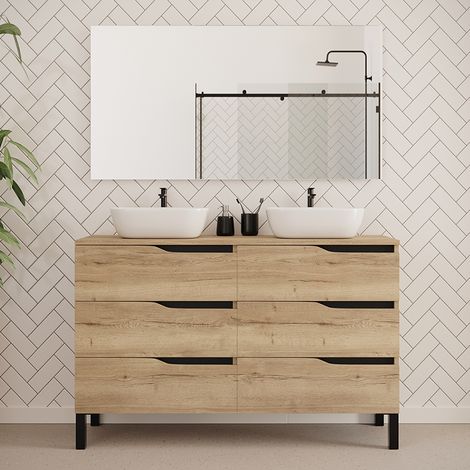 Meuble de salle de bain 120cm avec plateau et deux vasques à poser zeus - 6 tiroirs - madera miel (chêne clair) - MATA (1/5)