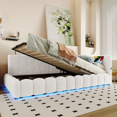Tagesbett 90/200 cm Weiß aus Vliesimitat mit LED-Lichtleiste und Stauraum (1/5)