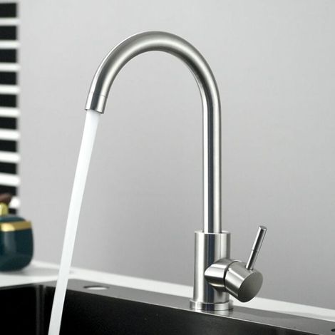 Grifo monomando de cocina de níquel cepillado, giratorio 360°, de acero inoxidable, con agua caliente y fría. (1/4)
