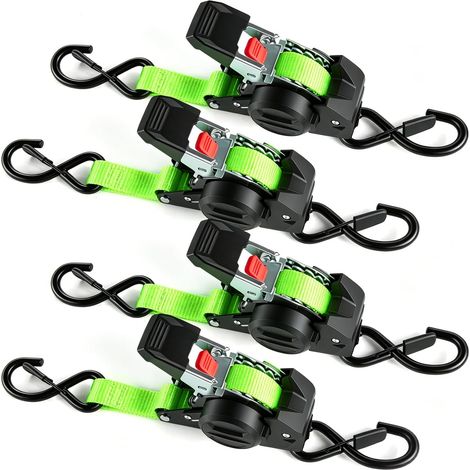 Lot de 4 Sangles à cliquet Automatique 3m x 25mm avec Crochets en S 750kg Charge de Rupture D'arrimage à rétraction Automatique pour Moto, remorque, Camion - Vert (1/5)