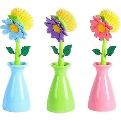 Kit de 3 brosses à vaisselle en forme de fleur mignonne avec long manche, idéal pour le nettoyage. (1/5)