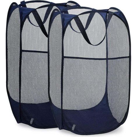 Faltbarer Wäschekorb aus Netzgewebe mit großer Öffnung und Seitentaschen: atmungsaktiv, robust, platzsparend und praktisch zur Aufbewahrung von Kleidung. (Blau, 2er-Set)