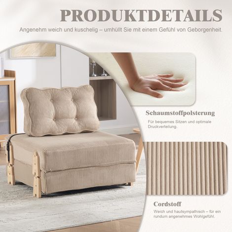Un sillón cómodo de estilo escandinavo moderno, fabricado en pana un sofá cama plegable un sofá individual plegable con patas de madera, ideal para apartamentos pequeños y dormitorios (pana color caqu (1/5)