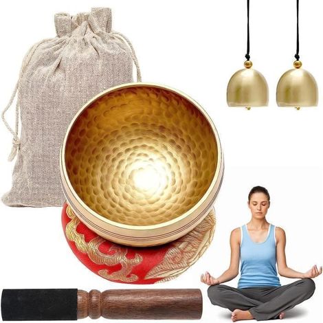 Bol Chantant Tibétain Artisanal, 8cm Bol de Méditation avec Maillet en Bois+Coussin de Soie+Pendentif Cloche, Bols Tibétains (1/5)