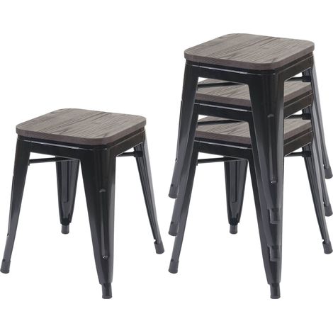 4x Tabouret HWC-A73, avec siège en bois, métal, style industriel, empilable - noir
