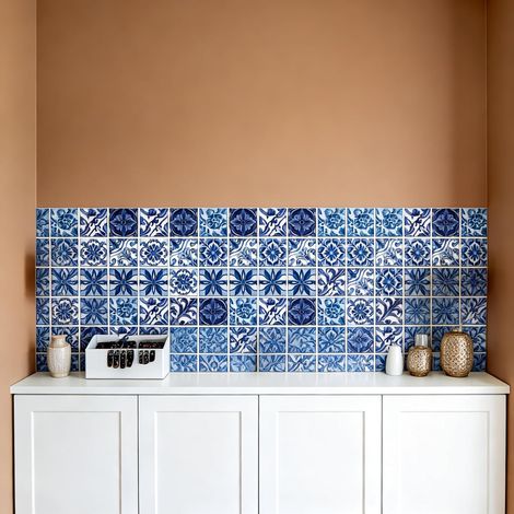 36 Autocollant Mural Amovible en Relief Bleu pour Carrelage de Cuisine Salle de Bain Toilettes Salon 4x4pouces (1/5)
