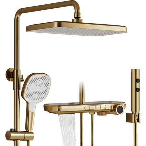 Colonne De Douche,Or Brossé 4 fonctions colonne de douche thermostatique,Équipé d'une pomme de douche de 350 × 220 mm,D'une douchette,D'un pistolet de douche et d'une sortie d'eau inférieure (1/5)