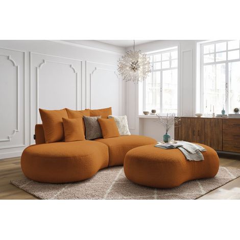 BOBOCHIC - Canapé droit fixe 3 places SAINT-GERMAIN tissu bouclette avec pouf   Jaune (1/5)