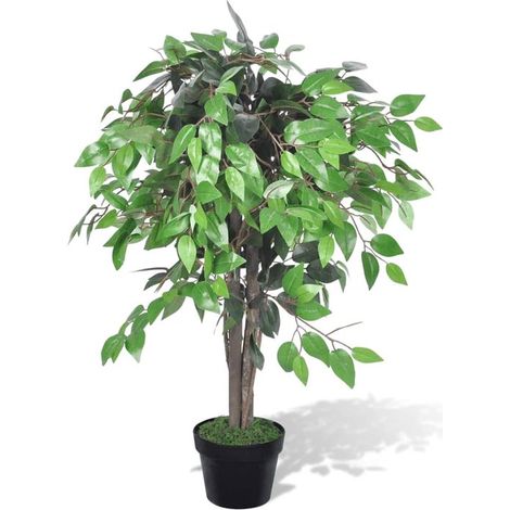 Ficus Benjamina artificiel réaliste 90 cm, 420 feuilles, pot et tronc en bois, plante décorative sans entretien pour salon et bureau, vert (1/5)
